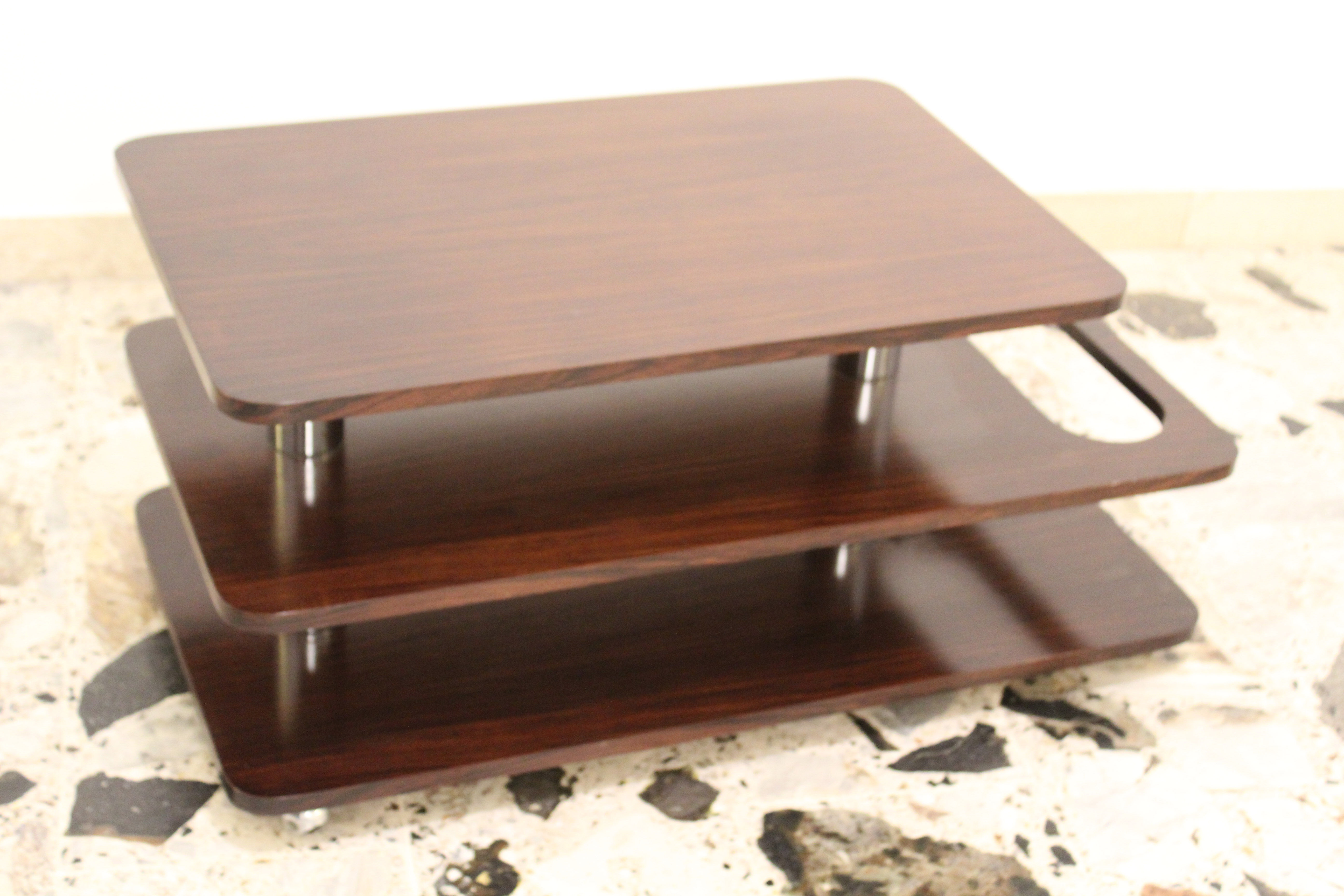 Coffee Table-Bar low laminate rosewood and chromed metal, Italy 70's
