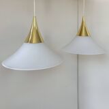 Vintage Limburg brass and opaline pendant lights, Germany, 1970.