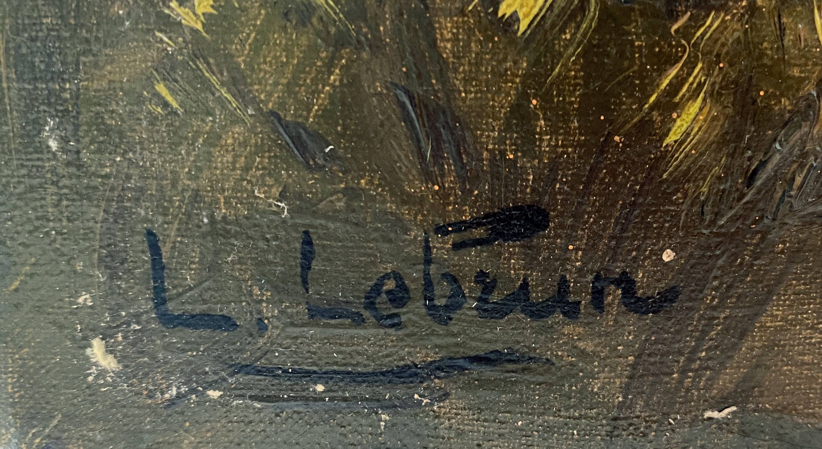 Painting "Landscape with fisherman at sunset" signed L. Lebrun XIX° century