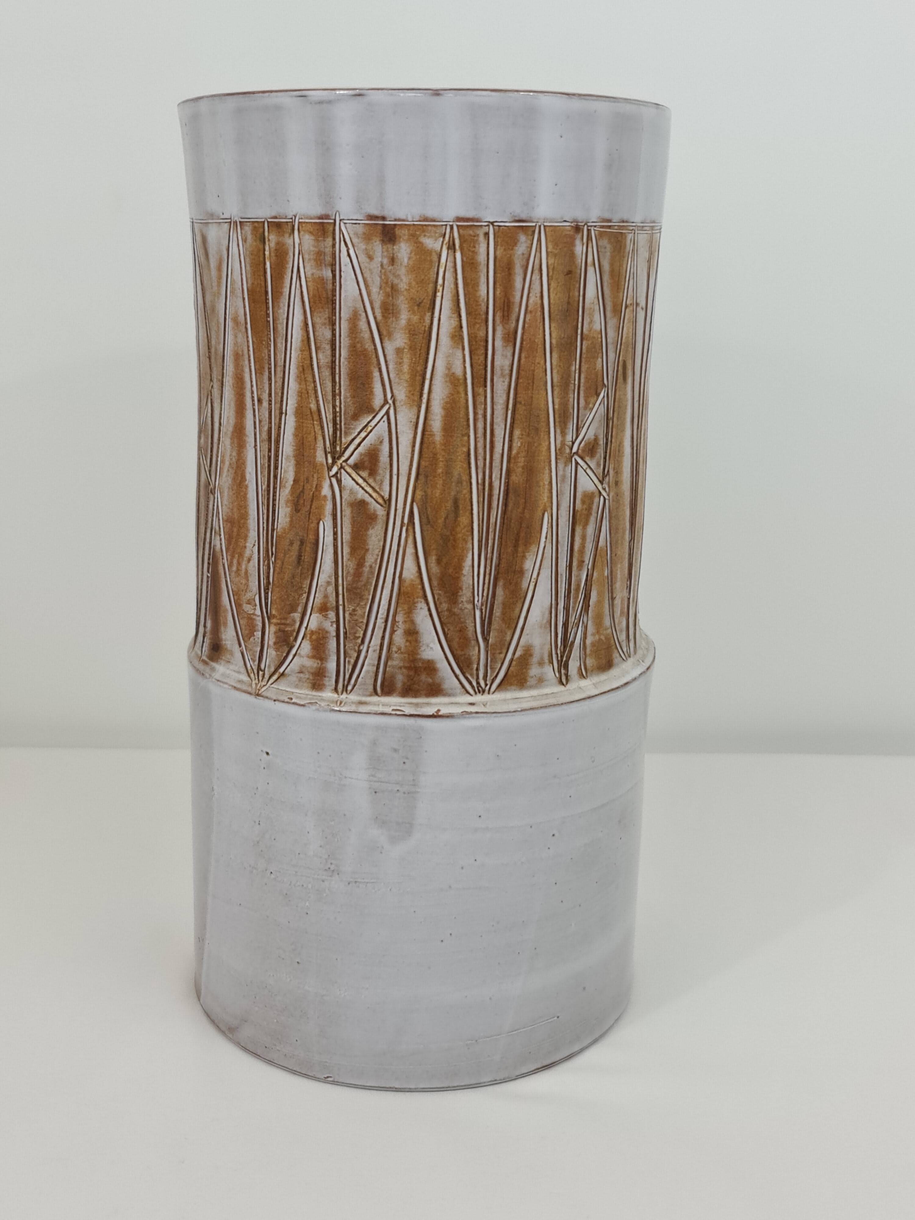 Large ceramic cylinder vase by Les Argonautes
