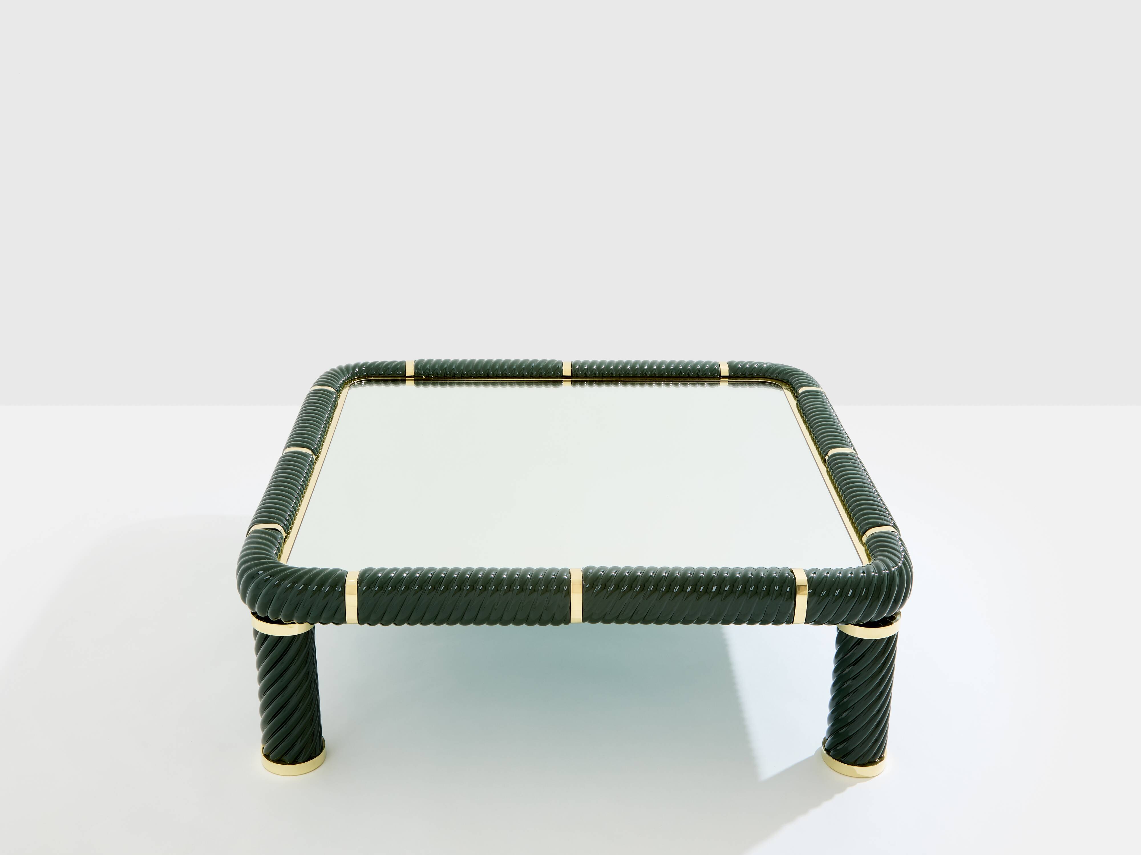 Olive green ceramic and brass coffee table by Tommaso Barbi 1970