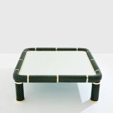 Olive green ceramic and brass coffee table by Tommaso Barbi 1970
