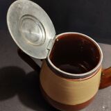Beige and brown earthenware teapot with pewter lid, early 20th century