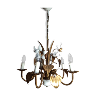 floral chandelier 5 fires Maison Masca Italy gold metal and white laqué