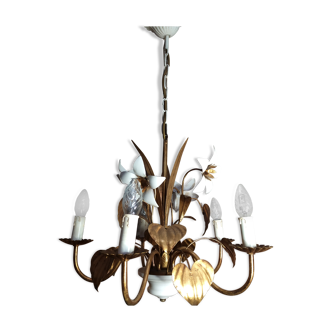 Lustre floral 5 feux Maison Masca Italie métal doré et laqué blanc