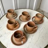 Set of 6 handcrafted stoneware cups and sub-cups 70s
