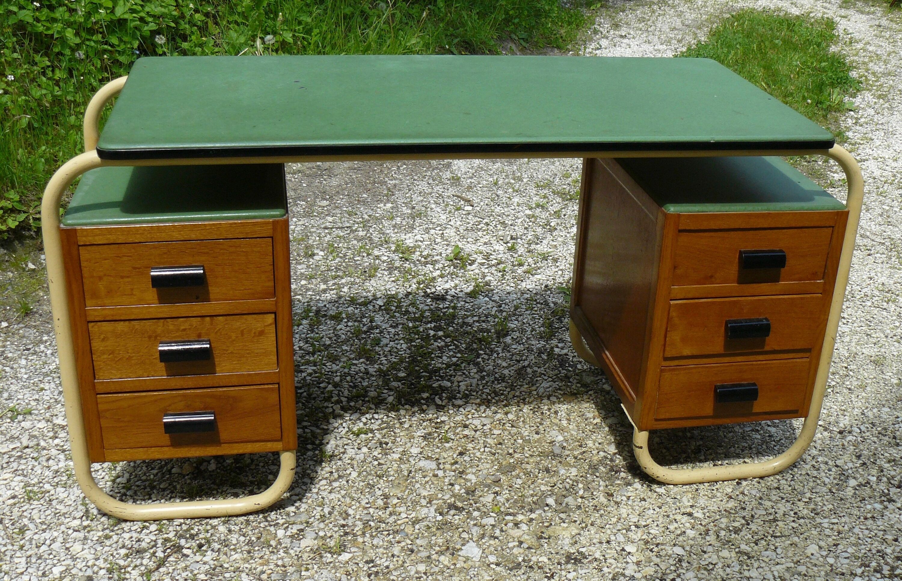 Bauhaus tubular desk with 6 drawers vintage 1950