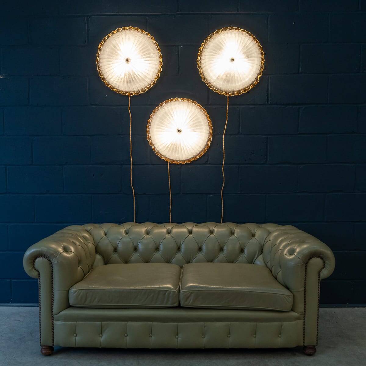 Vintage 20thc set of three frosted glass & brass wall lights, murano c.1980