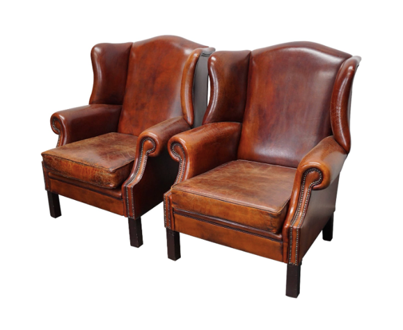 Set de 2 fauteuils club à ailes vintage en cuir cognac Pays-Bas | Selency