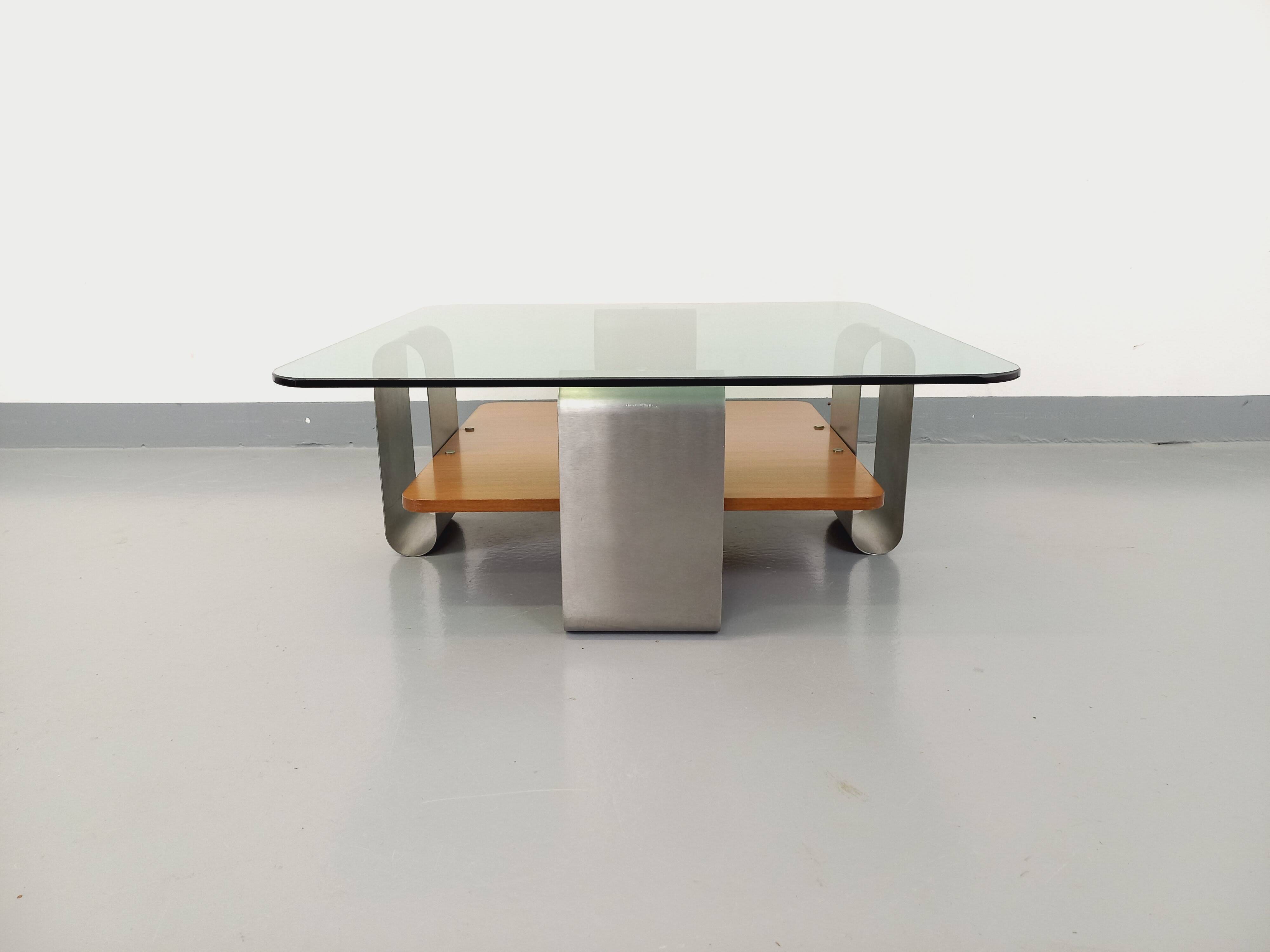 Square coffee table with 2 trays, vintage Space Age style from the 70s, in bluish smoked glass, teak