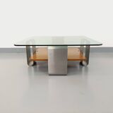 Square coffee table with 2 trays, vintage Space Age style from the 70s, in bluish smoked glass, teak