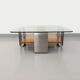 Square coffee table with 2 trays, vintage Space Age style from the 70s, in bluish smoked glass, teak