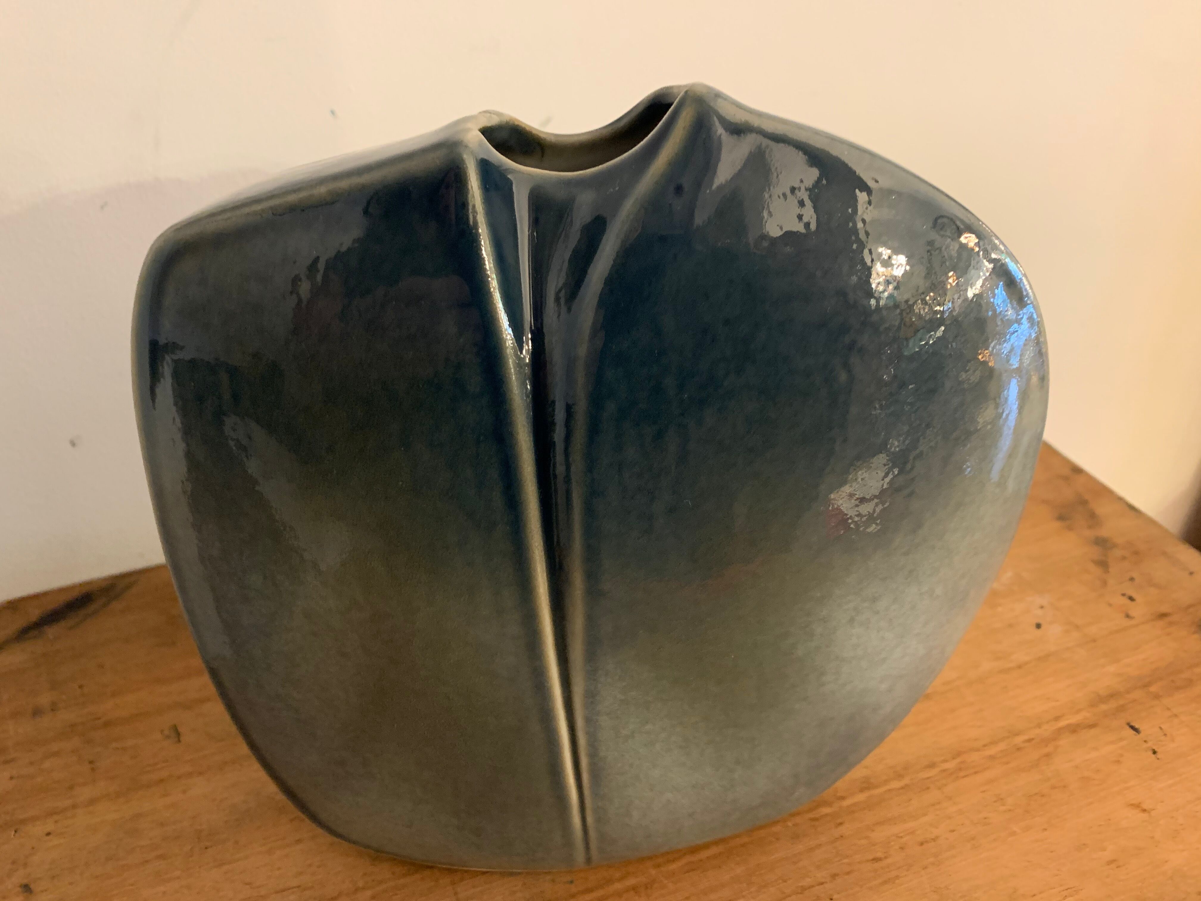 Yves Mohy grey porcelain blue lens vase for Virebent 1970