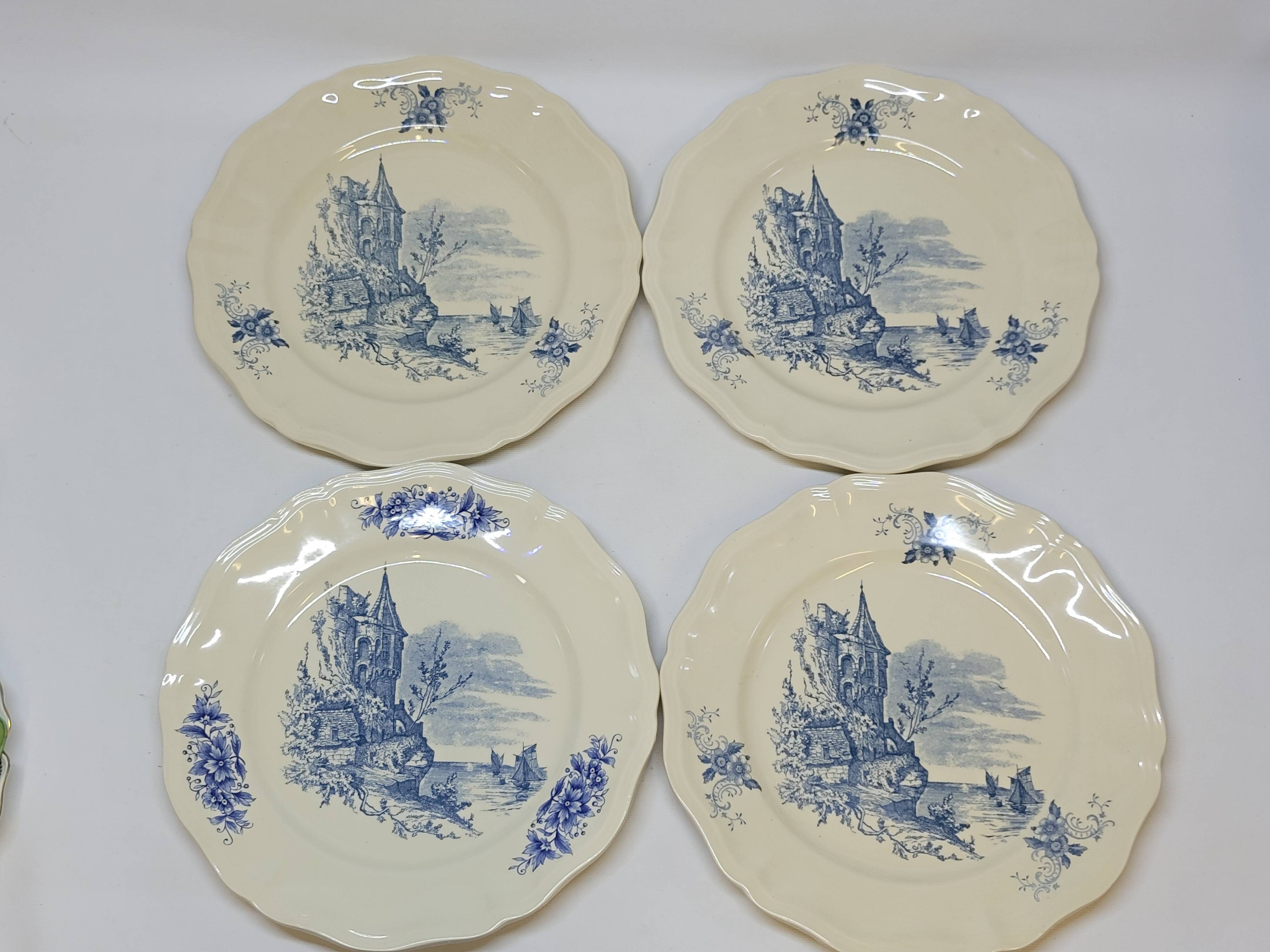 8 Large Vintage Sarreguemines Flanders and Surrey Dinner Plates, White Decor