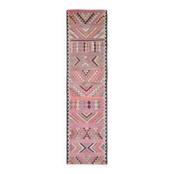 1970s Turkish Oushak Handmade Wool Cotton Pink Runner Rug 83x331