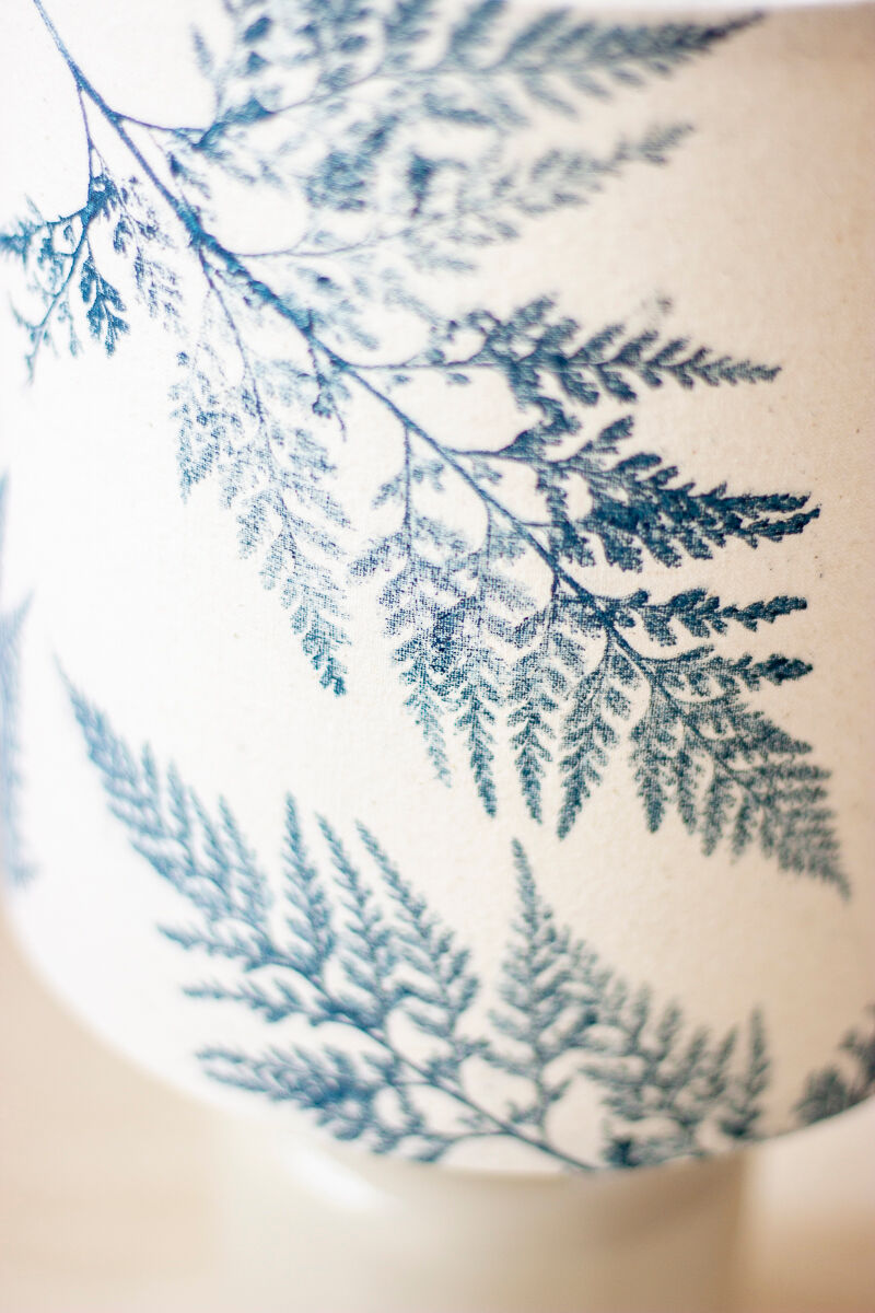 White enamelled mustard pot lamp - fern pattern
