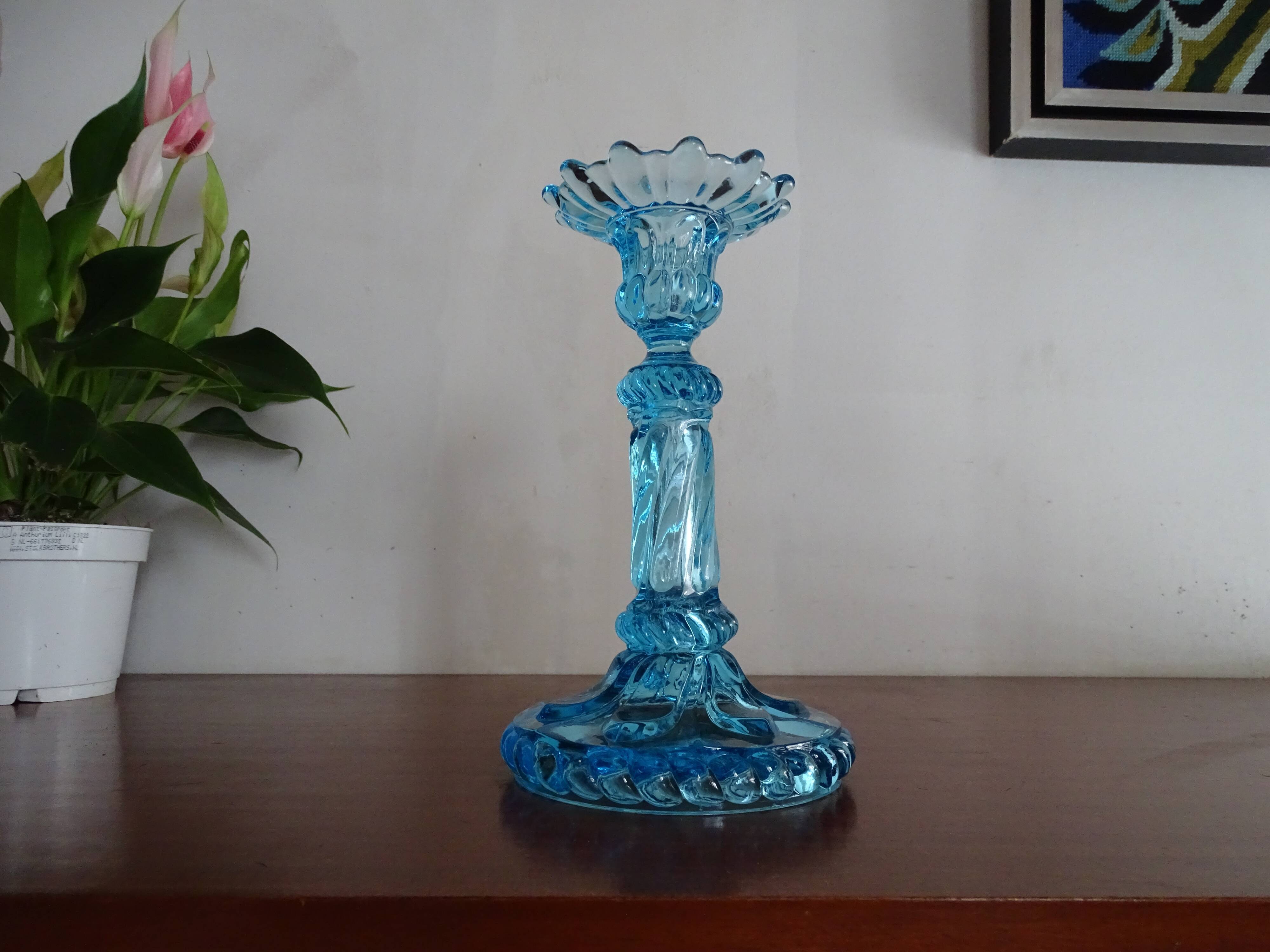 Candleholder Door blue molded glass signed