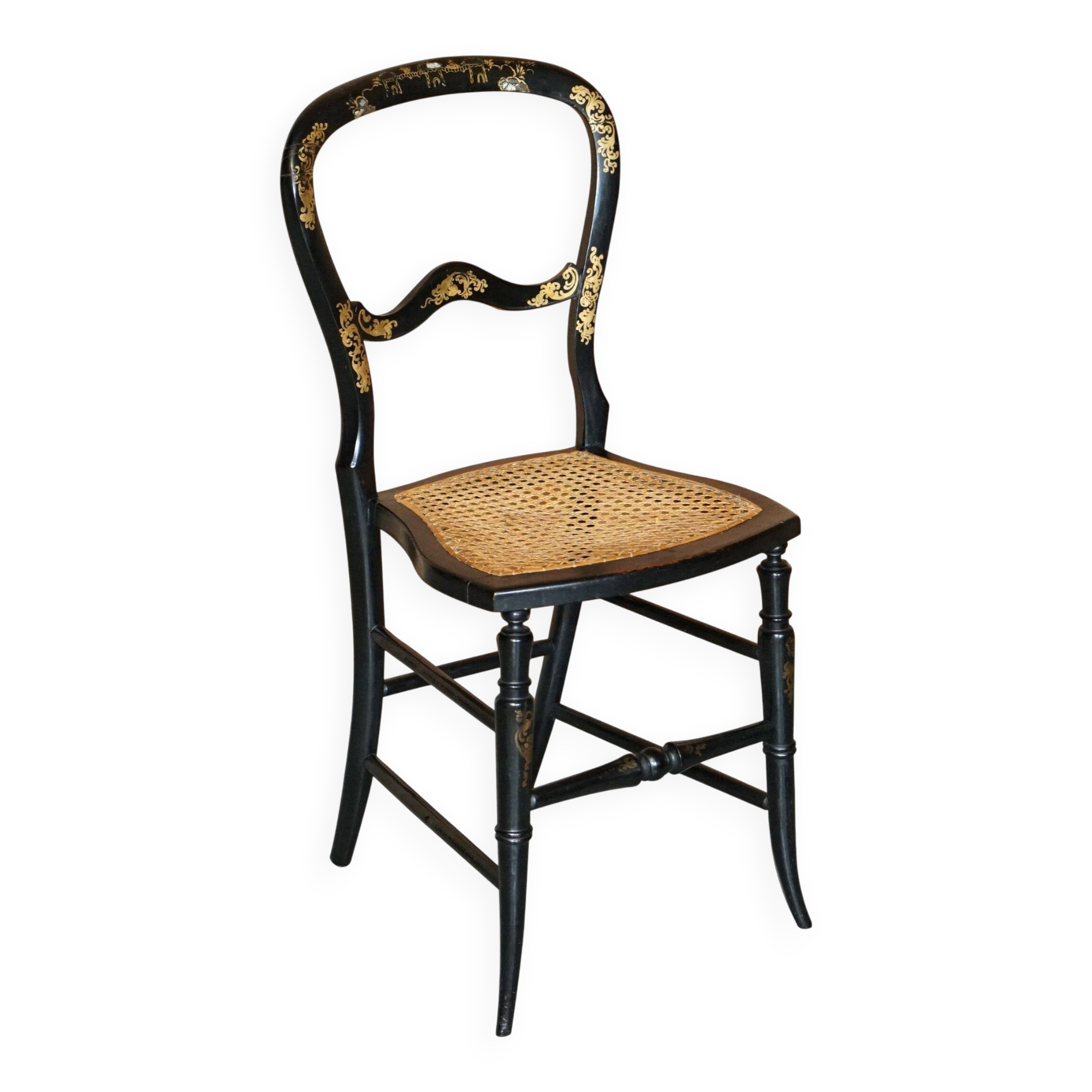 Regency Chair in Ebonised Wood and Gold Leaf Inlaid with Mother of Pearl circa 1815