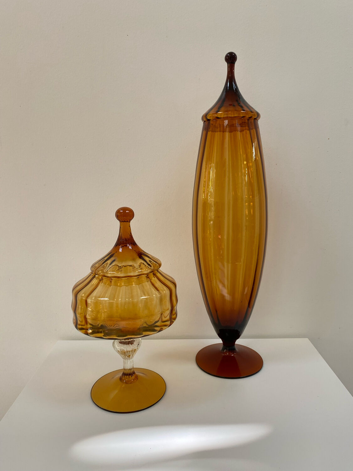 Large XL candy jar Empoli Italy in amber blown glass - 1960s