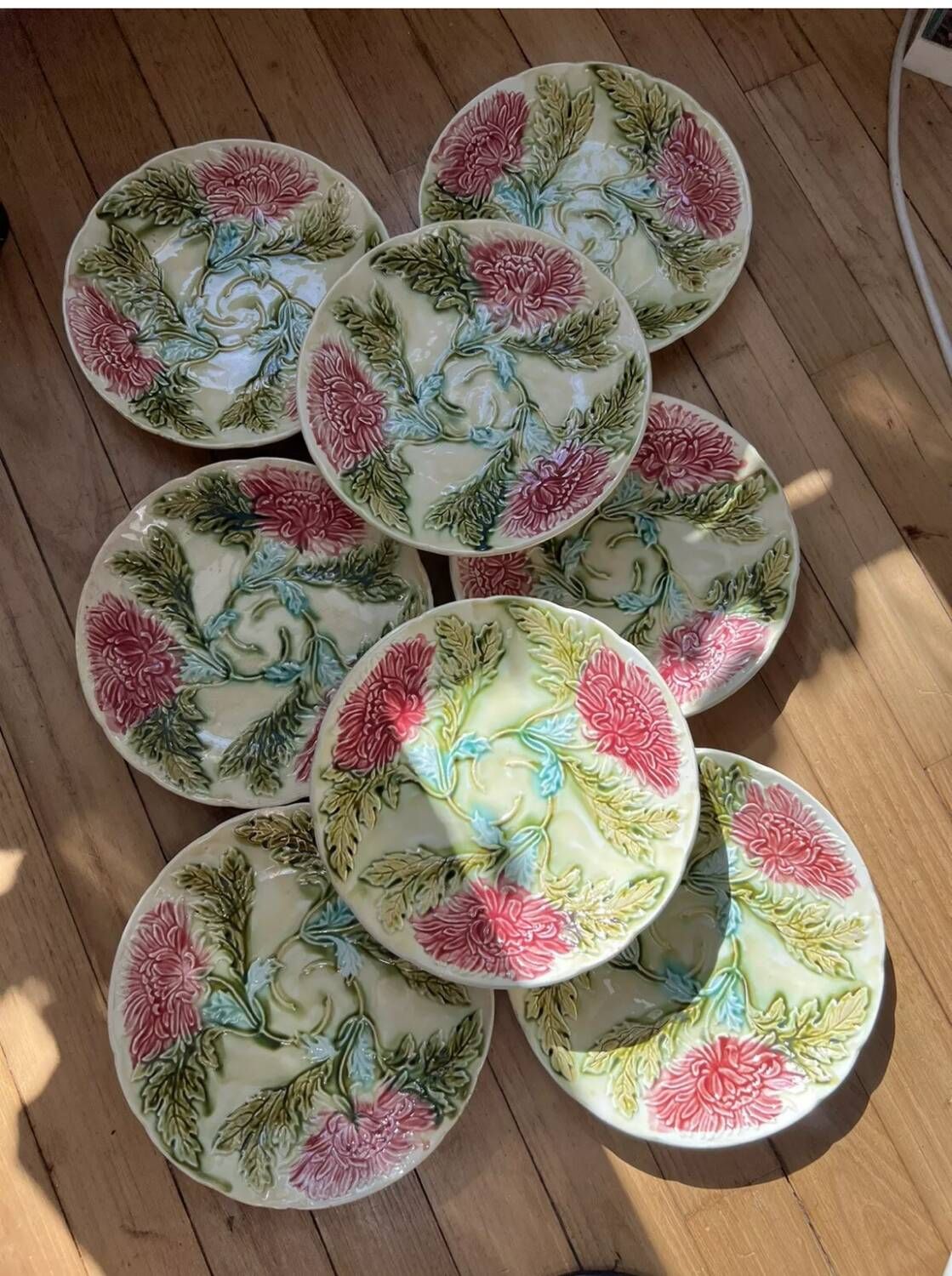 Rare Set of 16 Art Nouveau Chrysanthemum Barbotine Plates, Onnaing