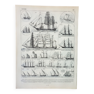 Engraving • Sailing boat and ship 2 • Original and vintage poster from 1898