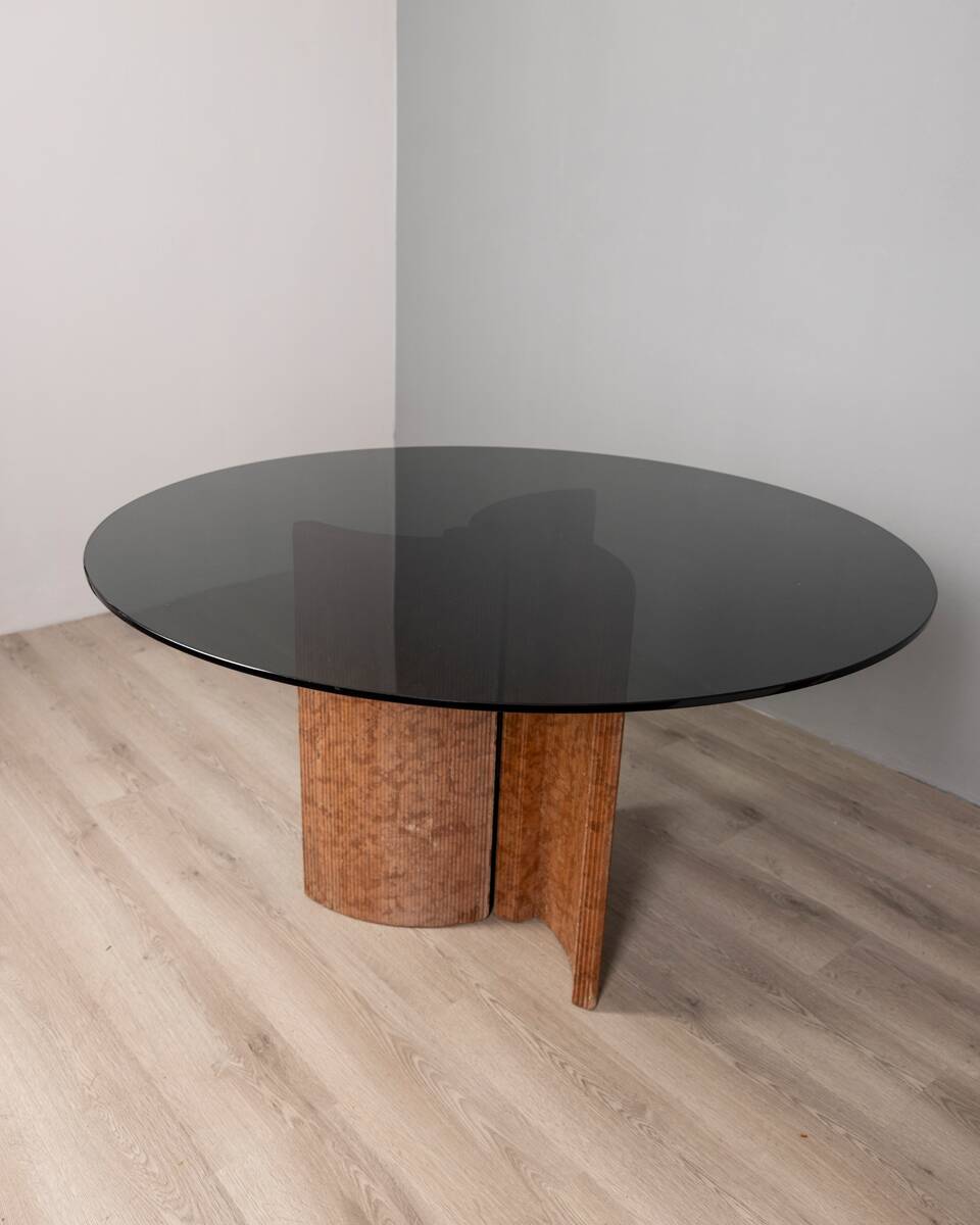 Table ronde vintage 70's en travertin et verre, design italien