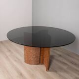Table ronde vintage 70's en travertin et verre, design italien