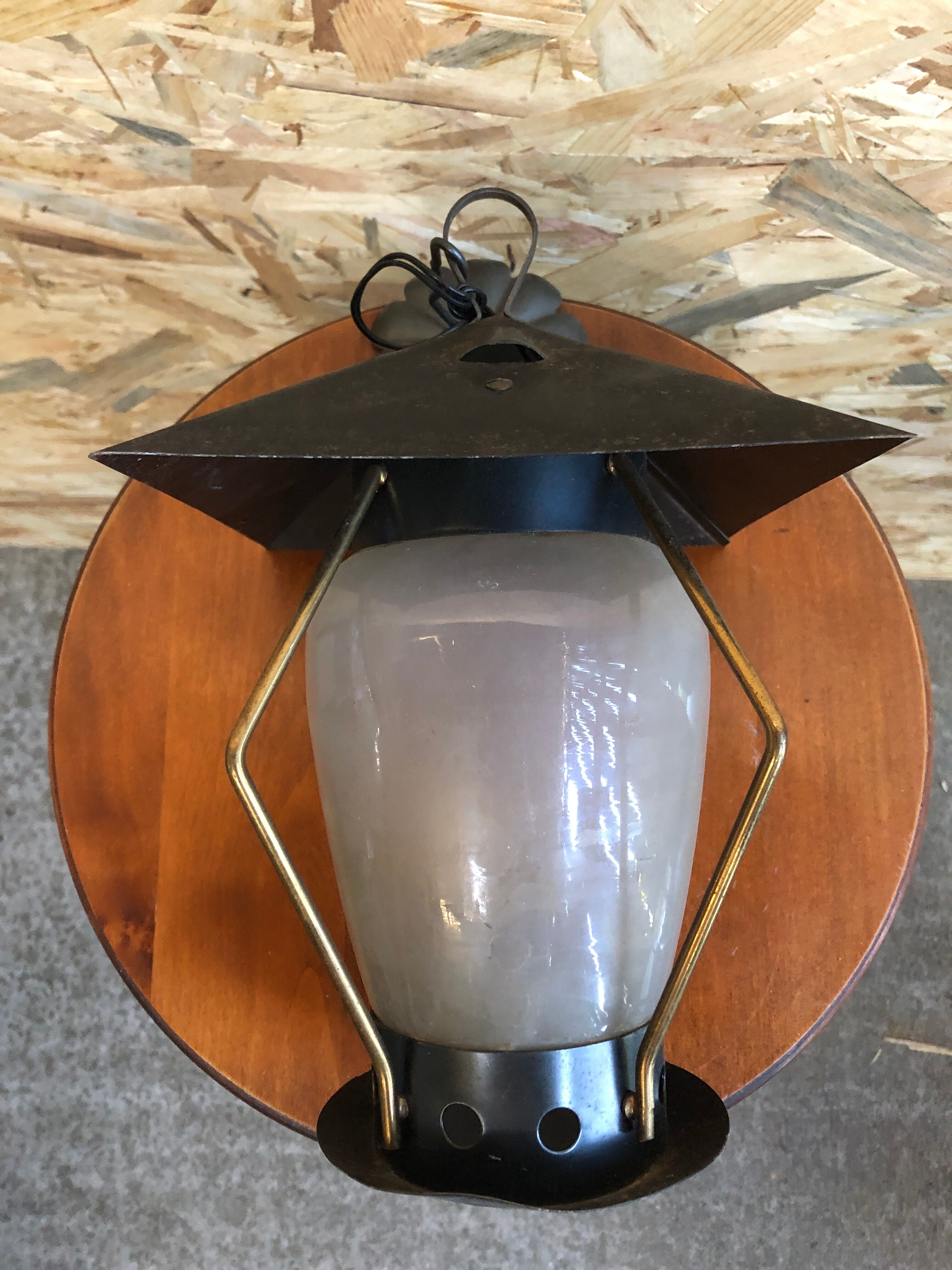 Old black metal & brass lantern pendant + vintage round opaque glass