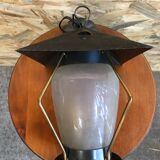 Old black metal & brass lantern pendant + vintage round opaque glass