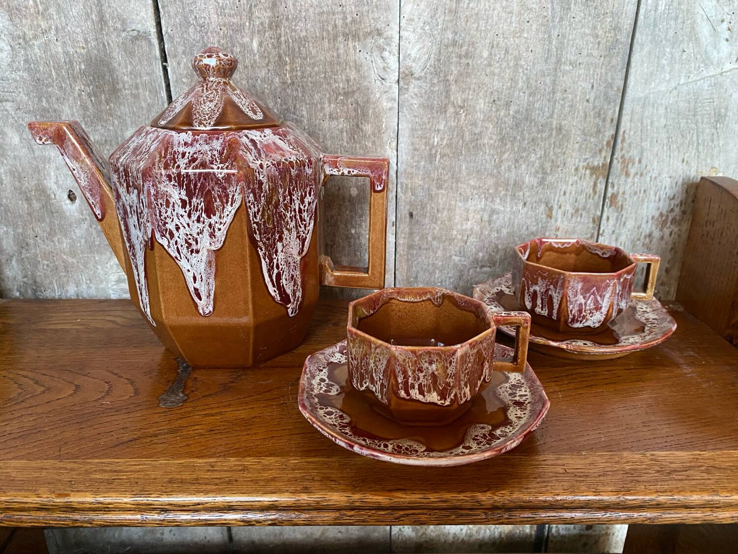 Antique gf art deco teapot flamed ceramic brown vintage