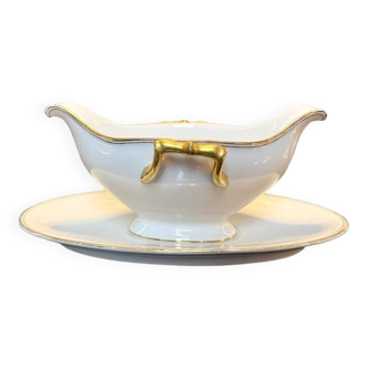 Saucière à Plateau Vintage - Porcelaine de Limoges - Blanc Doré - Vaisselle