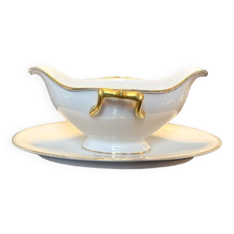 Vintage Sauce Boat with Tray - Limoges Porcelain - Golden White - Tableware