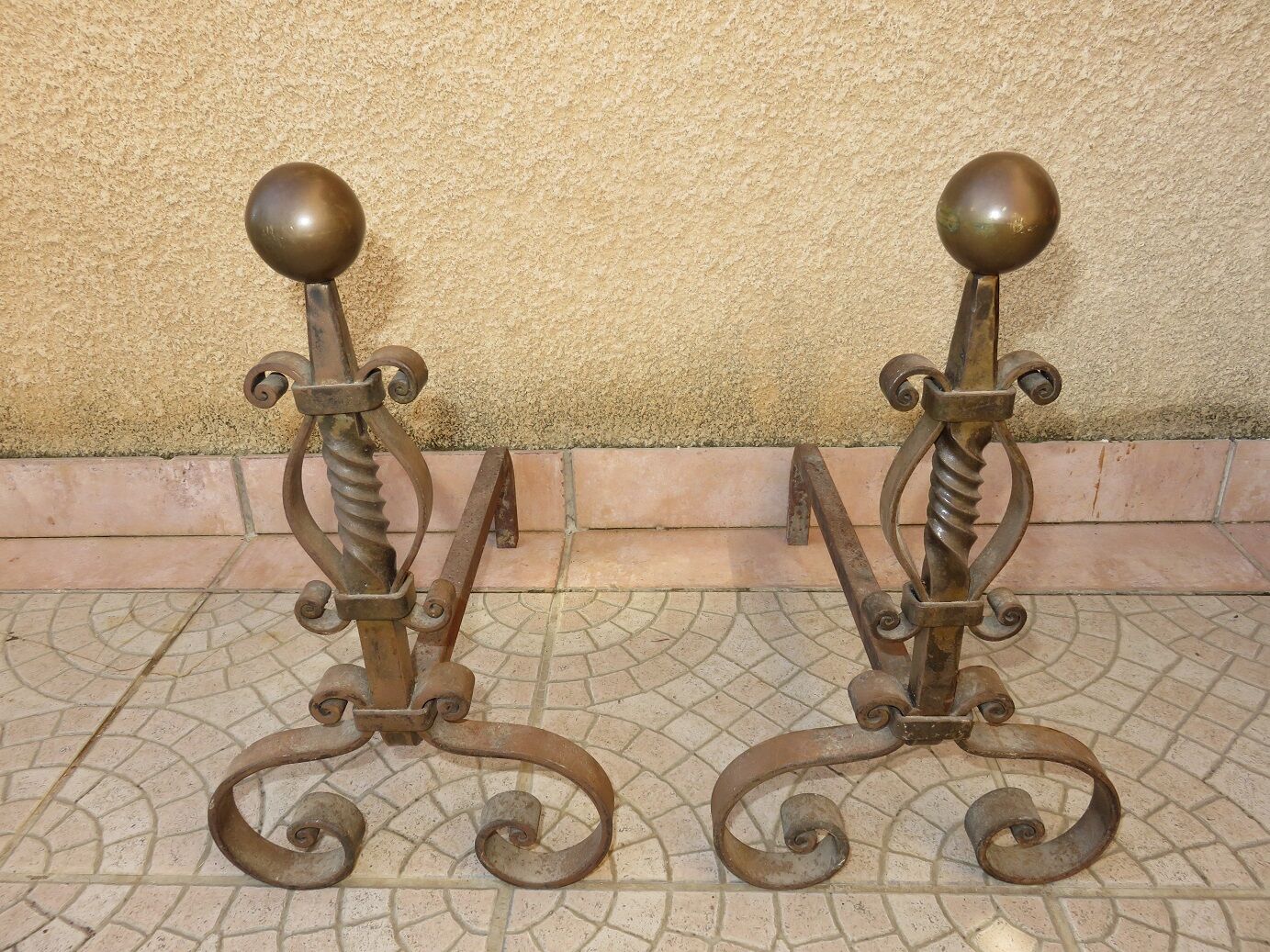 Andirons cast iron and brass ball
