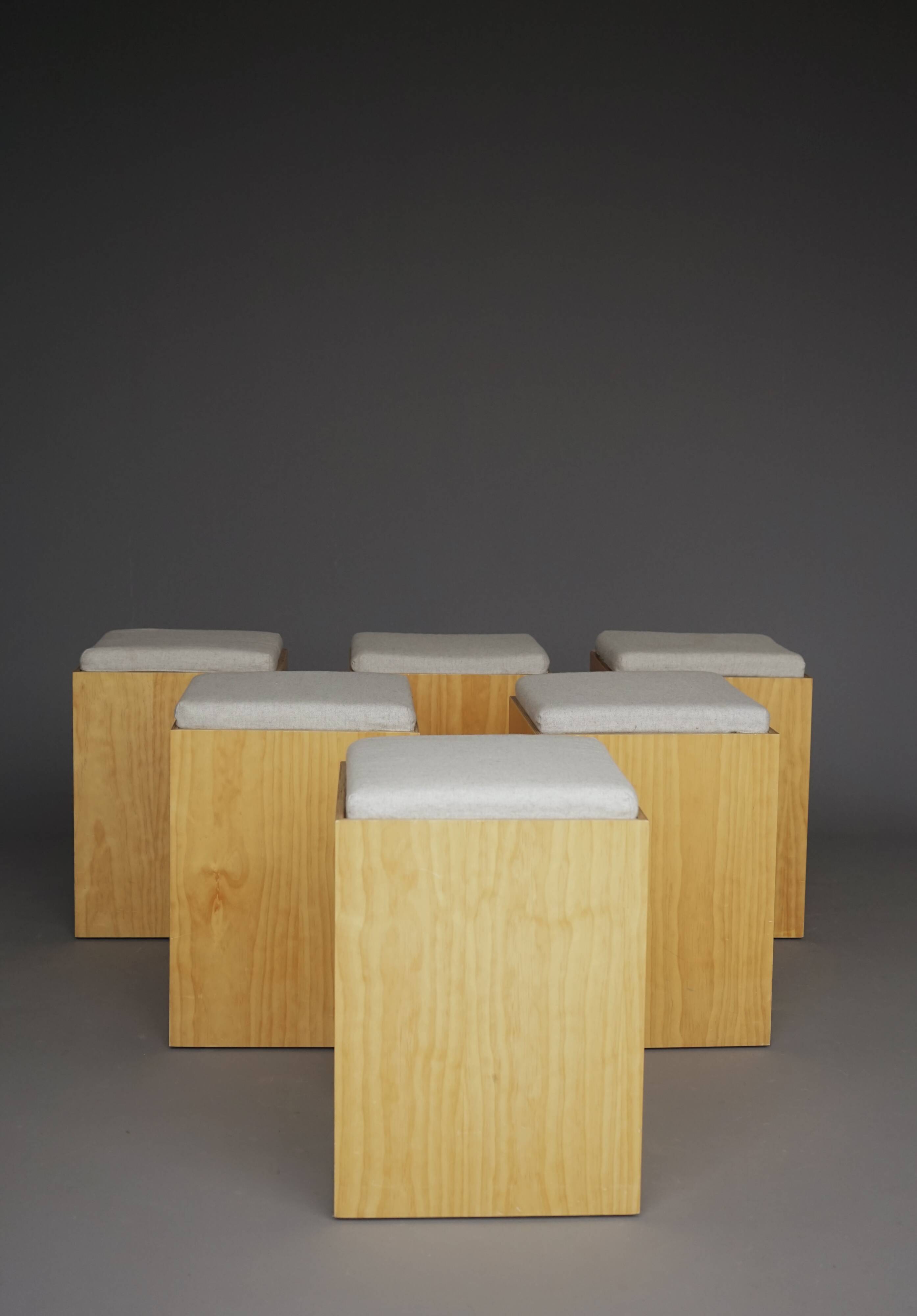 6 minimalist plywood stools with cushions, 1990s