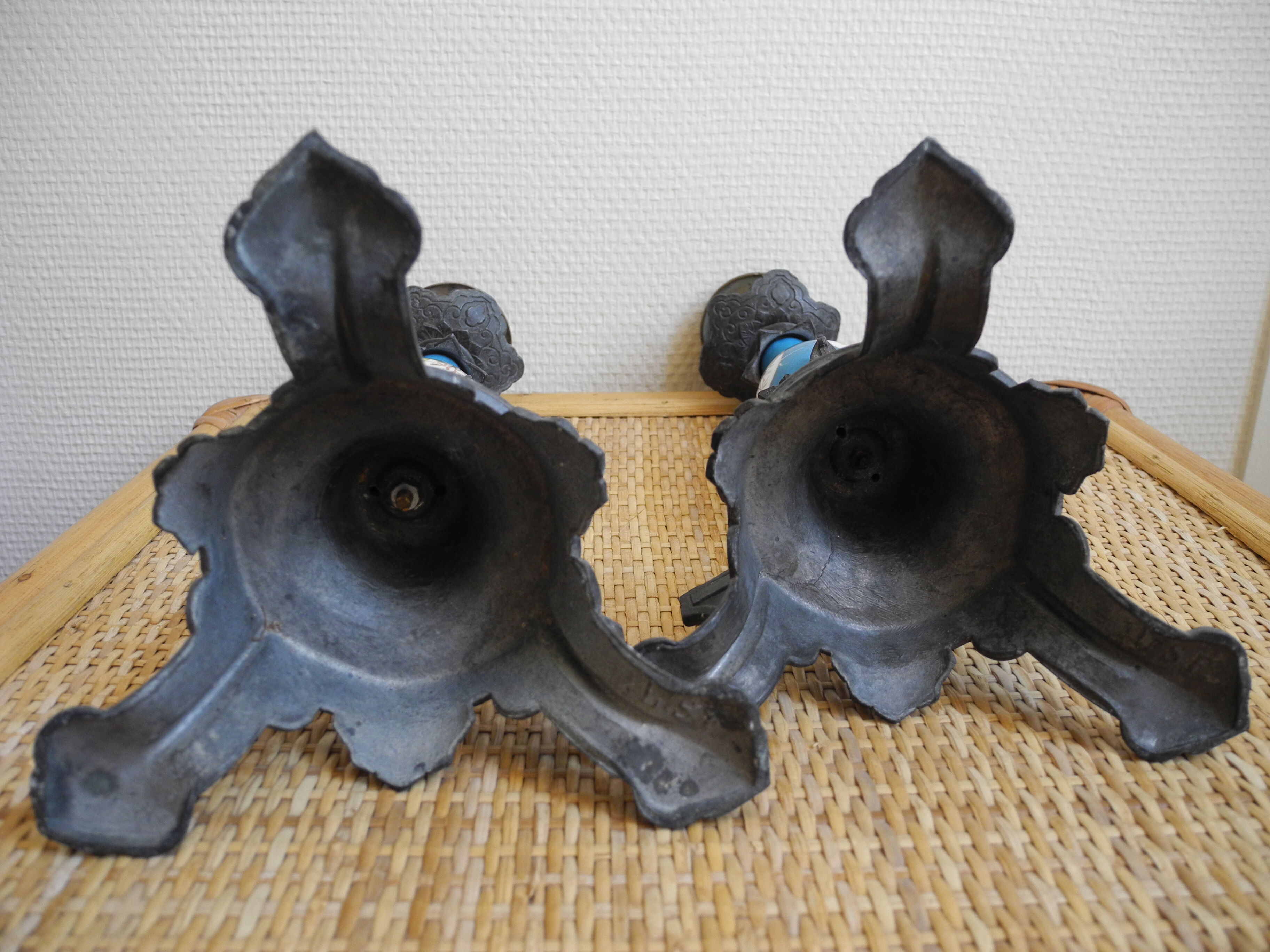 pair old candlesticks tin porcelain old french candlesticks