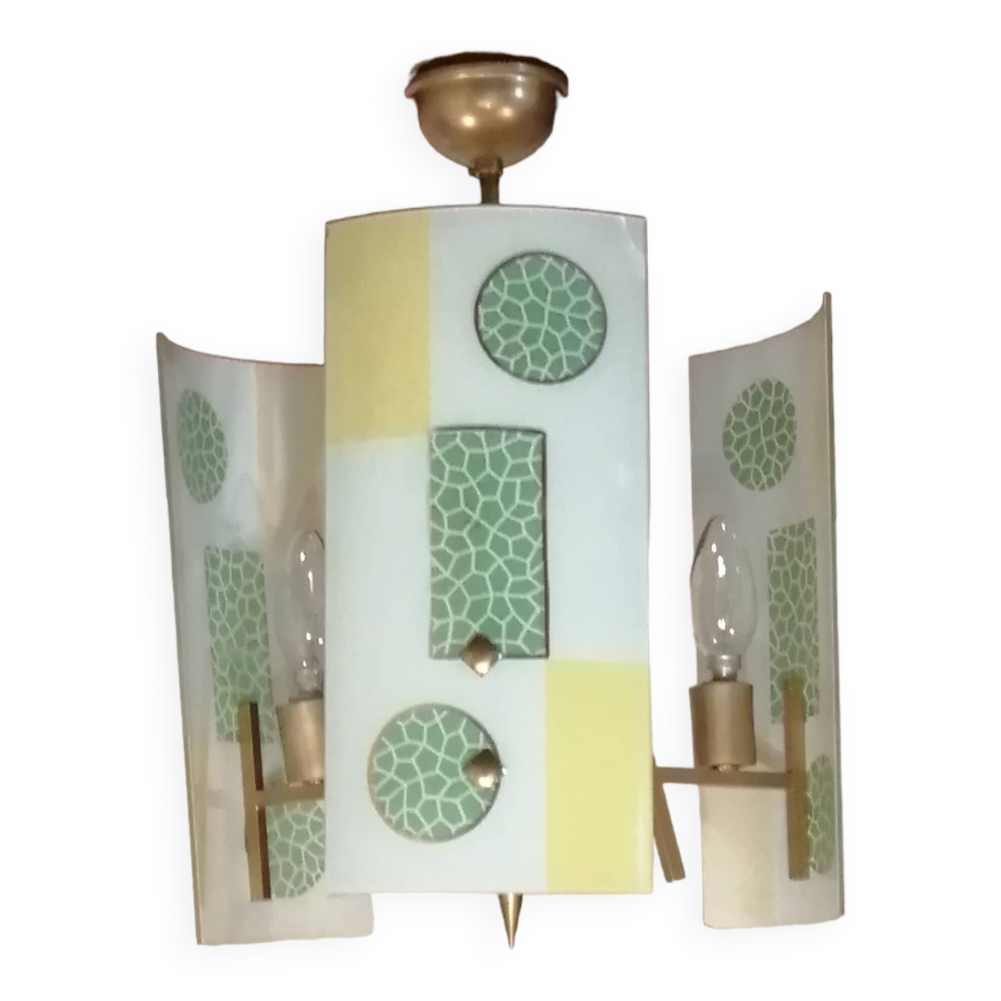 Golden chandelier and glass plates, art deco, vintage style Strangfeld und Gregor Radeberg Dresden 1950