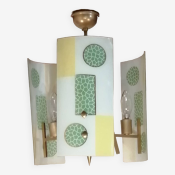 Golden chandelier and glass plates, art deco, vintage style Strangfeld und Gregor Radeberg Dresden 1950