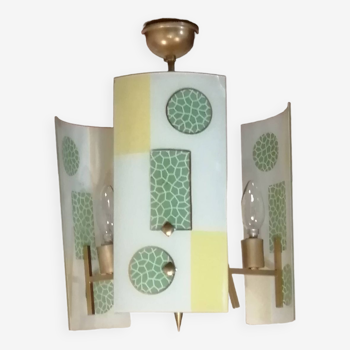 Lustre doré et plaques de verre, art déco, vintage style Strangfeld und Gregor Radeberg Dresden 1950