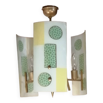 Lustre doré et plaques de verre, art déco, vintage style Strangfeld und Gregor Radeberg Dresden 1950