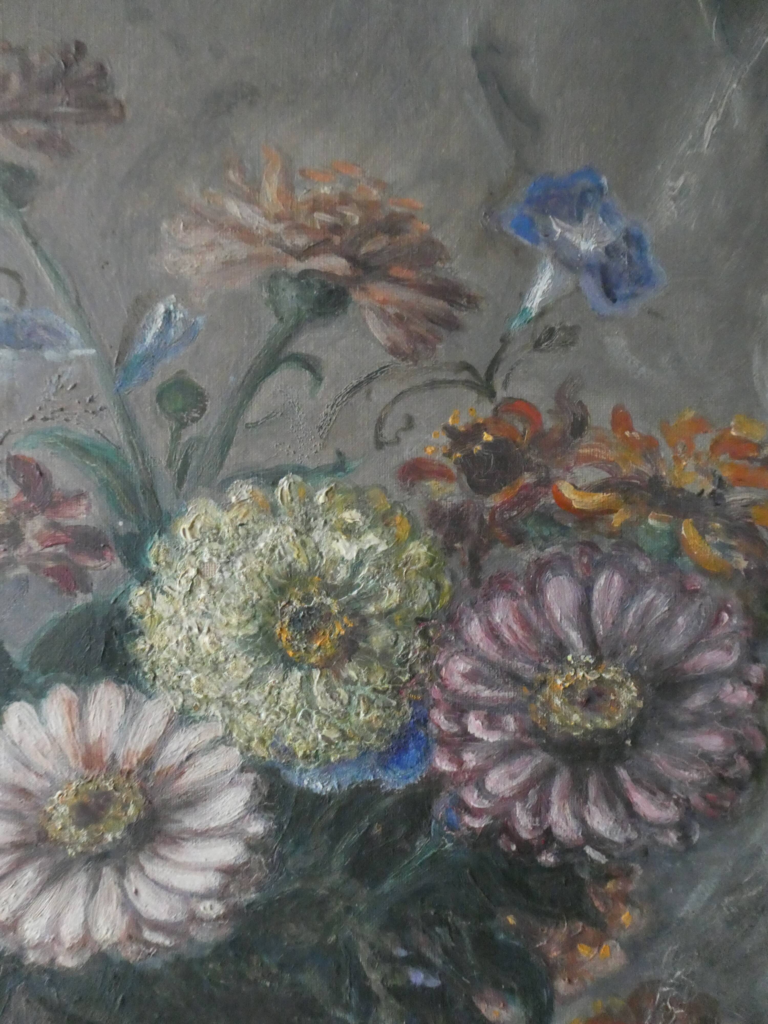 Table, oil on canvas, bouquet of flowers, signed