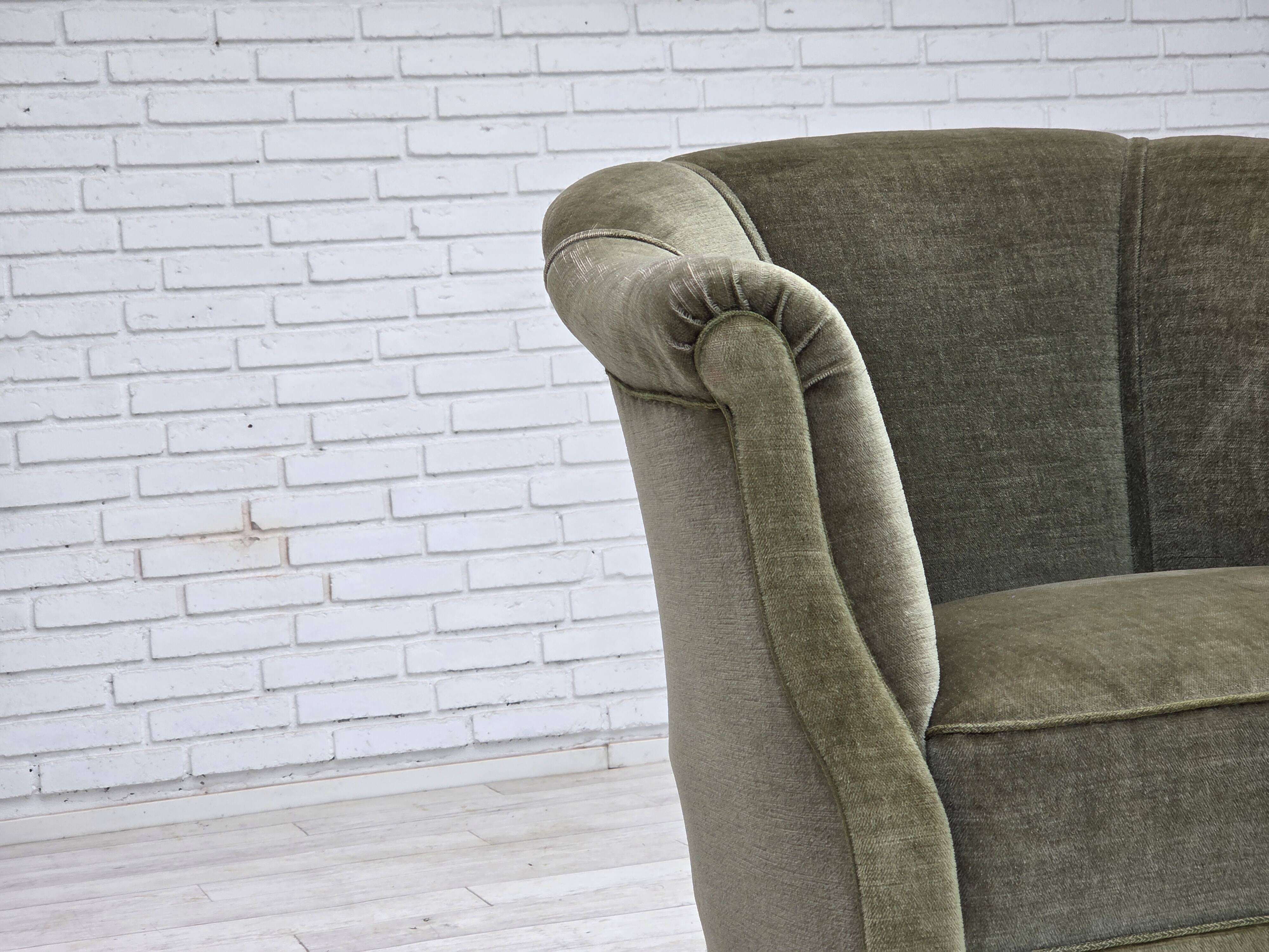 1960s, Danish armchair, green furniture velour, beech wood legs.