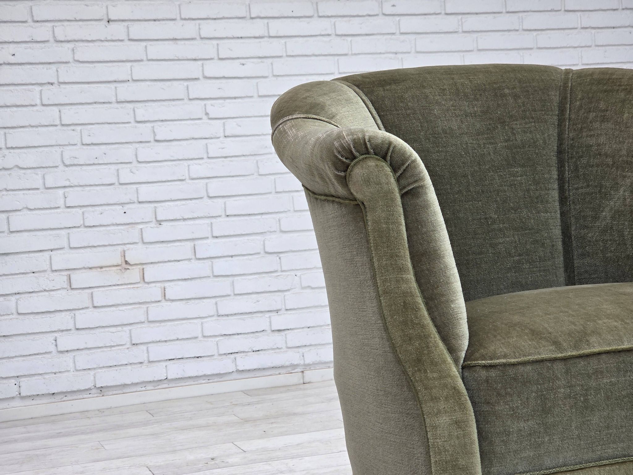 1960s, Danish armchair, green furniture velour, beech wood legs.