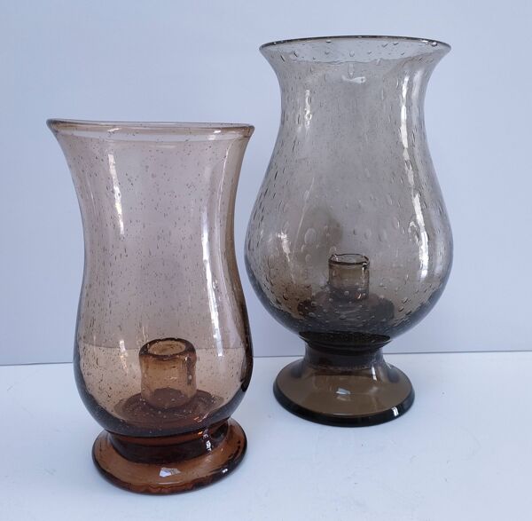 deux bougeoirs photophores verre bullé soufflé bouche