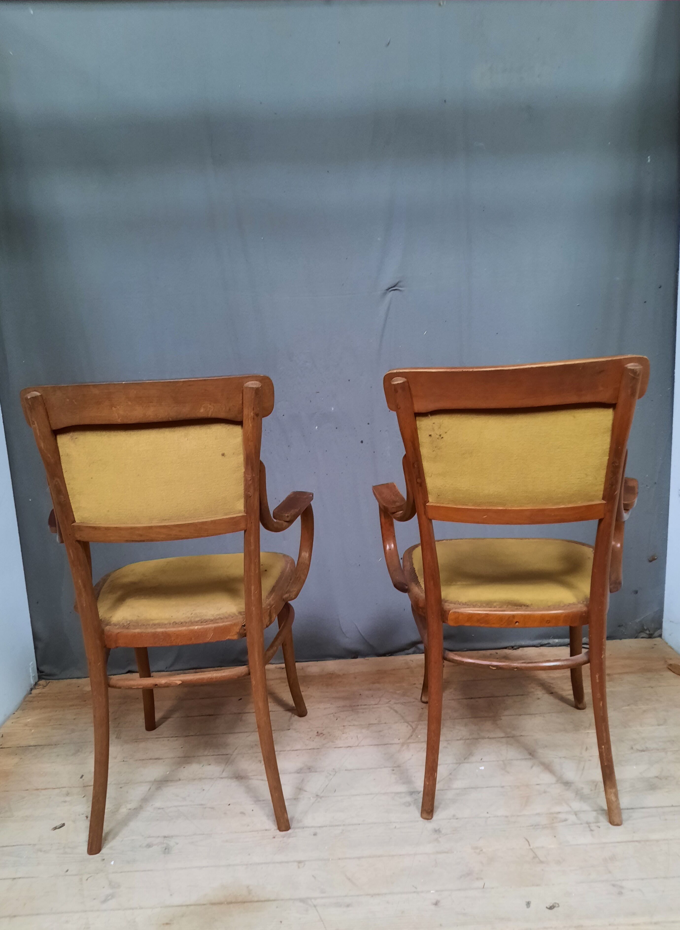 Pair of armchair and chair in curved wood