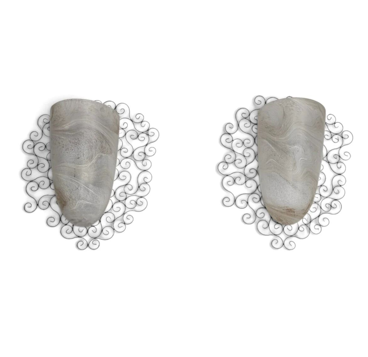 Wrought iron pocket wall sconces featuring a frosted amber glass / metal frame