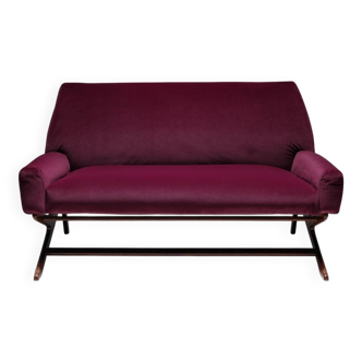 Burgundy velvet mid-century sofa - reupholstered