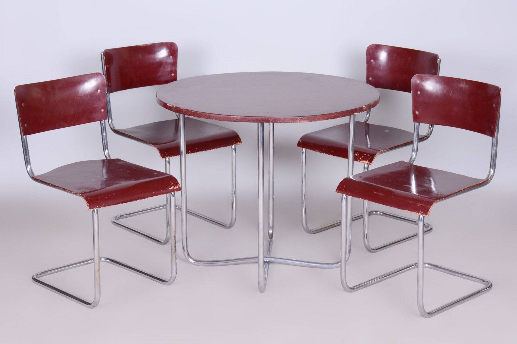 Czech Bauhaus Chrome Dining Table and Chairs attributed to Hynek Gottwald, 1930s, Set of 5