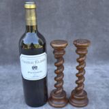 Antique pair of twisted oak candlesticks, table decoration, French heritage
