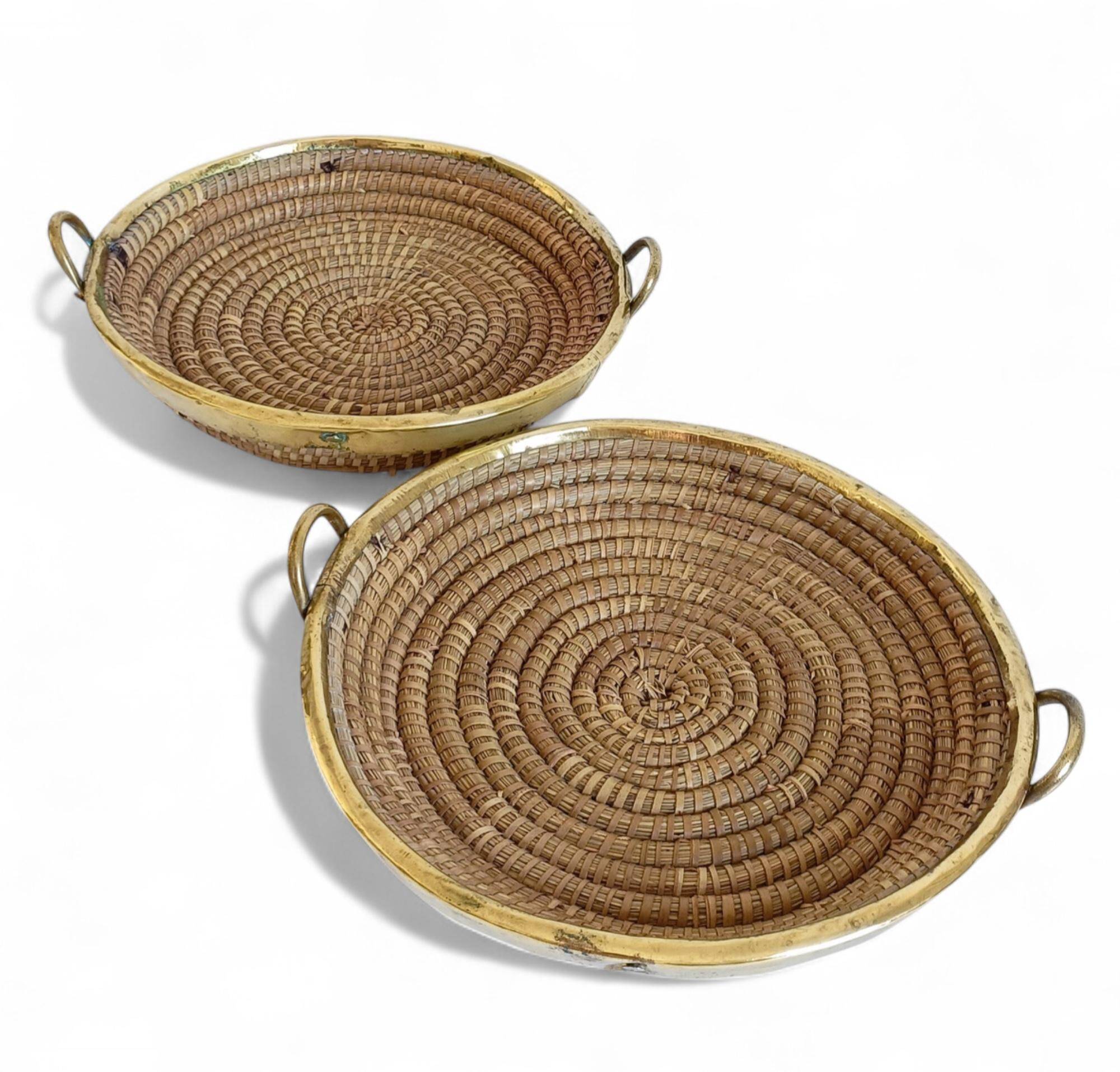 1970s Gabriella Crespi Style Handmade Natural Fiber and Brass Trays