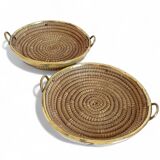 1970s Gabriella Crespi Style Handmade Natural Fiber and Brass Trays